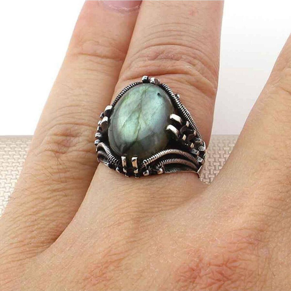 Solid 925 Sterling Silver Natural Labradorite Stone Men's Ring