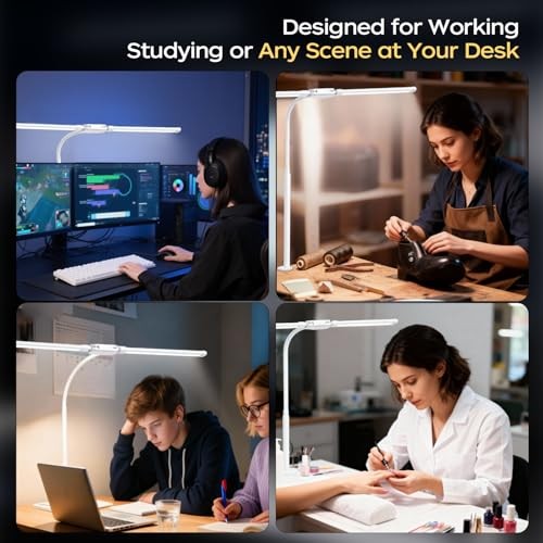 LED Desk Lamp with Clamp, Double Head Adjustable Architect Light, Eye White