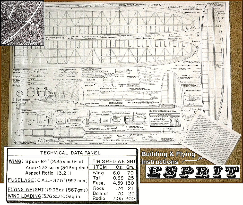 Printed RC plans & Patterns + Instructions ESPRIT FLYING SAILPLANE Span 84"