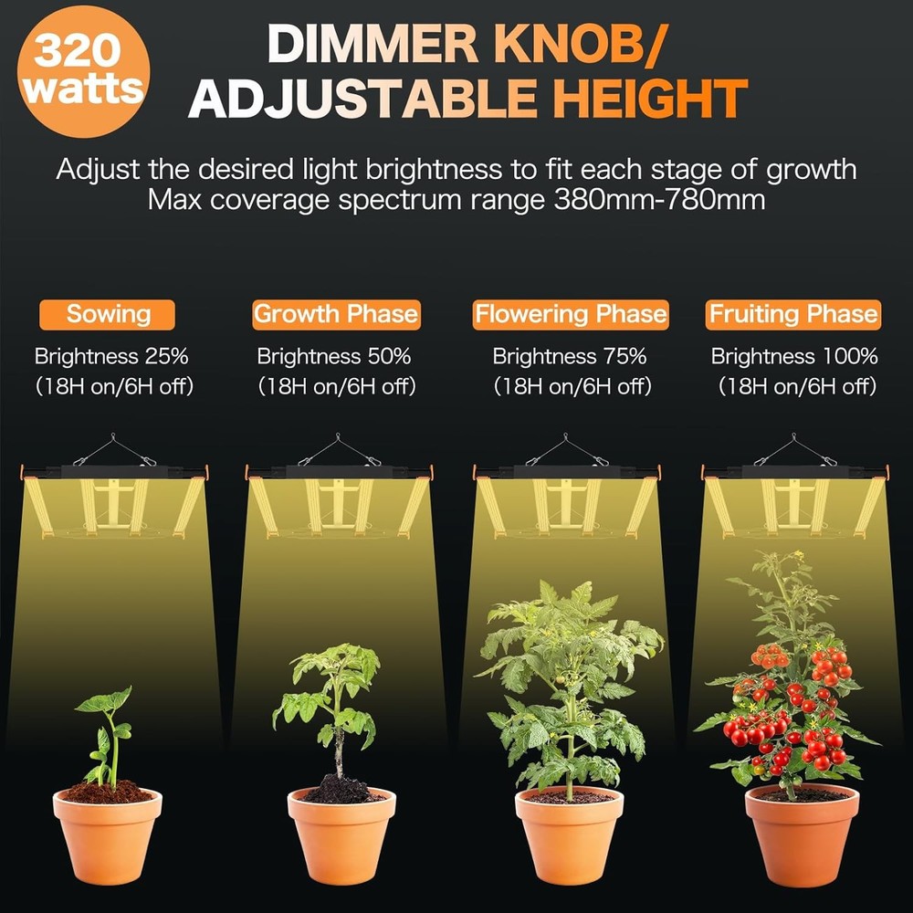 320W LED Grow Light, 3x3ft Coverage Full Spectrum 3x3, 320W, Silver & Orange