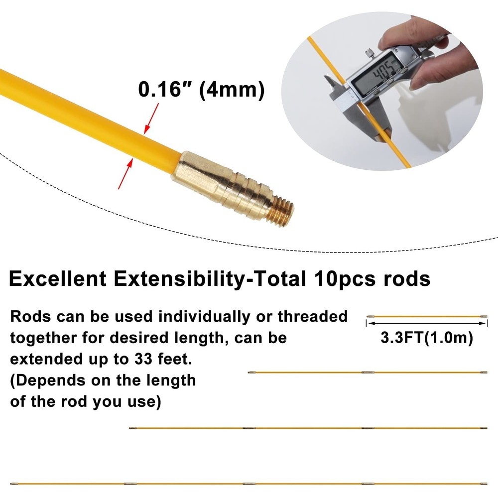 33' Fiberglass Running Electrical Wire Cable Pulling Fish Tape Kit With 5 Differ