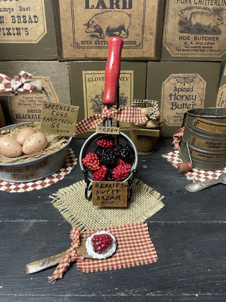 PRIMITIVE FARMHOUSE KITCHEN DECOR REPURPOSED SIFTER STRAINER BERRIES N CREAM