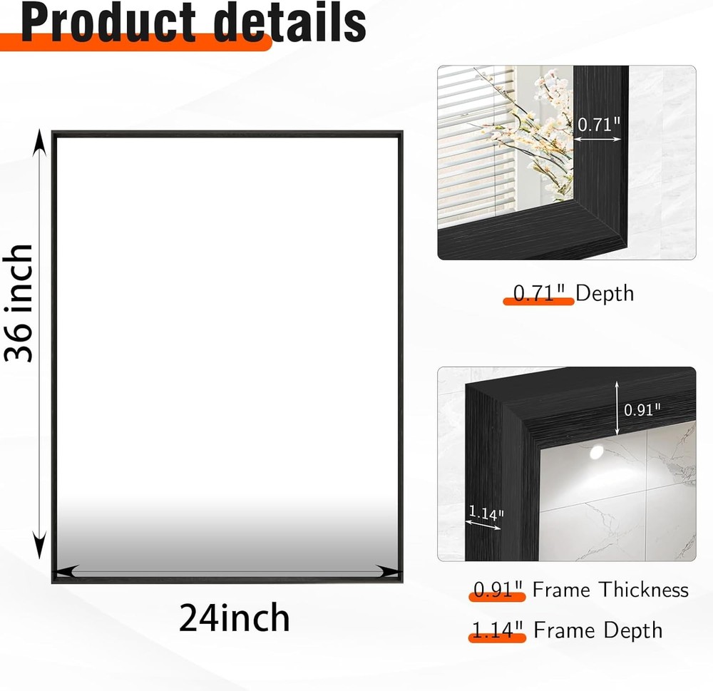 Bathroom Mirror 24X36 Inch Matte Black Framed Mirror Rectangular Wall Mirror