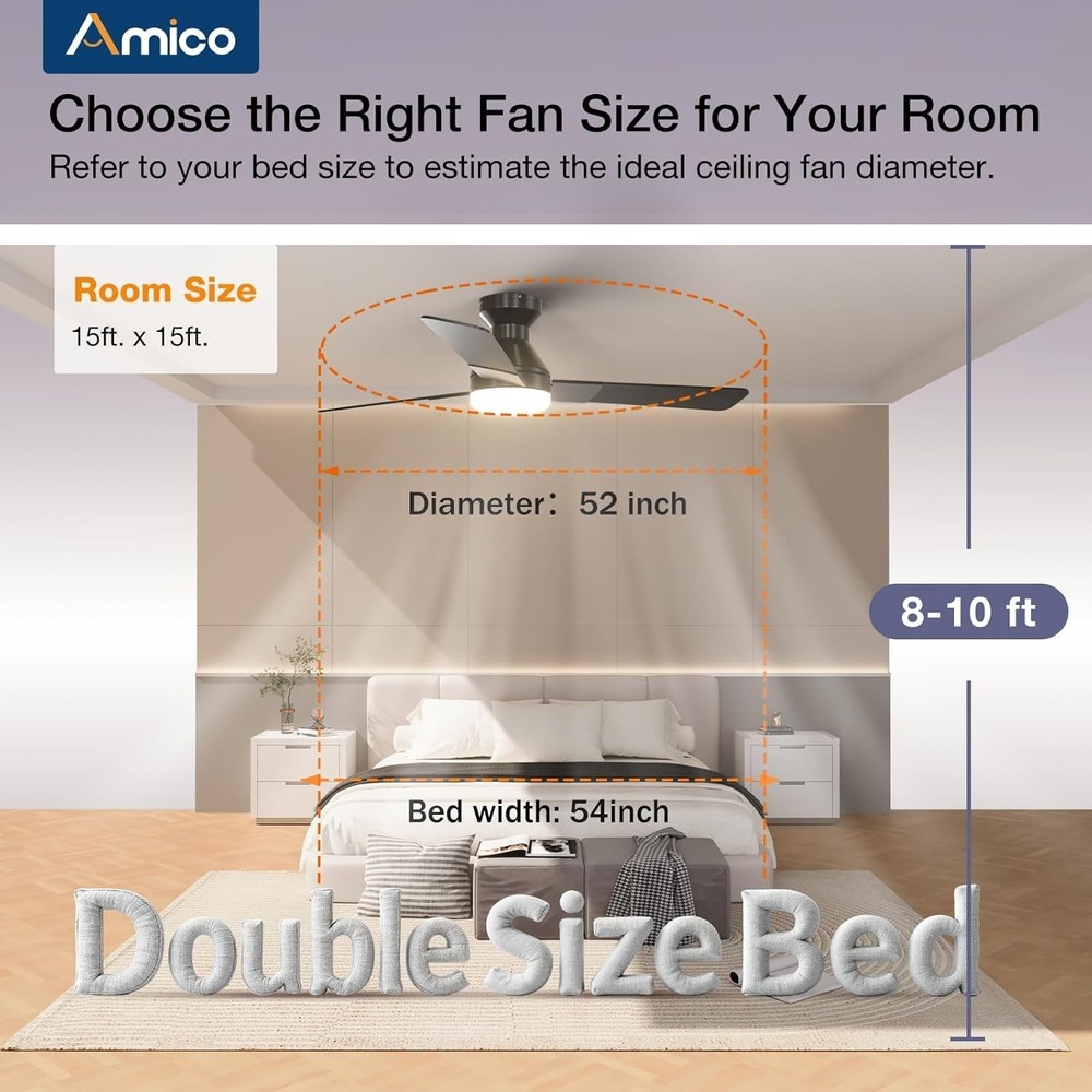 Flush Mount Ceiling Fan, 52 Inch with Reversible Blades and Timer Feature