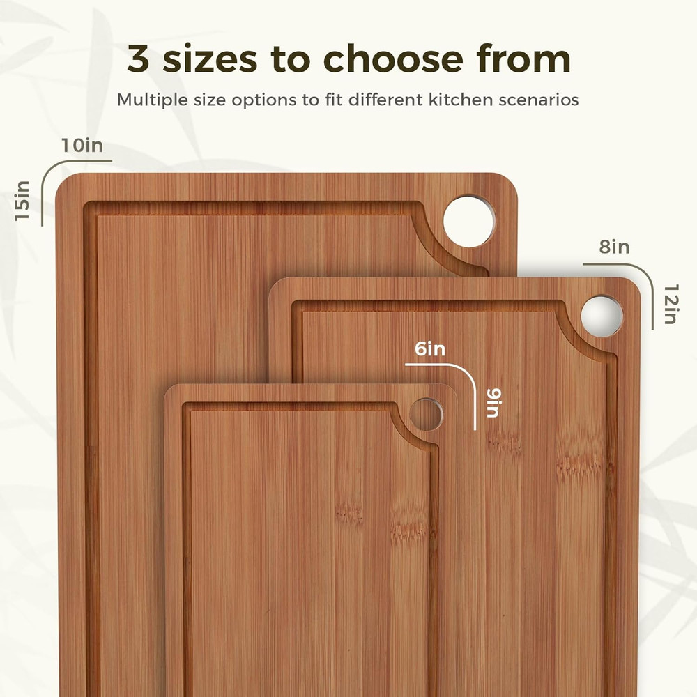 Bamboo Cutting Board for Kitchen, 3-Piece Set with Juice Grooves, Side Handles &