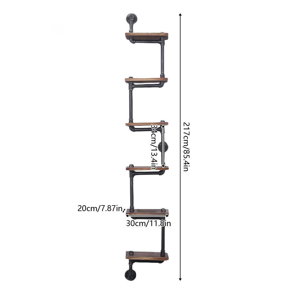 6-Tier Pipe Shelf Industrial Bracket Rustic Iron Pipe Wall-Mount Floating Rack