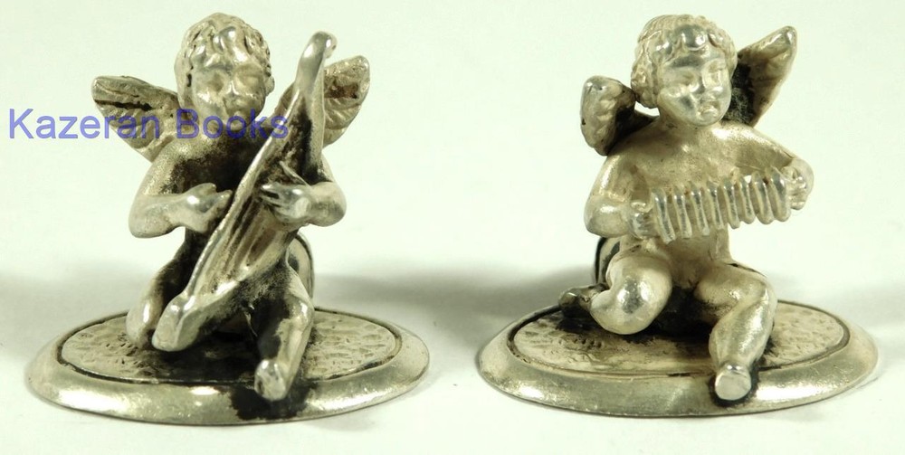 2x Vintage Solid Silver Miniature Cherub Putti Musician Place Menu Holders