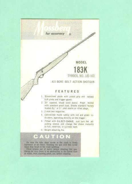 Mossberg Model 183K Instruction Manual Folder Reproduction