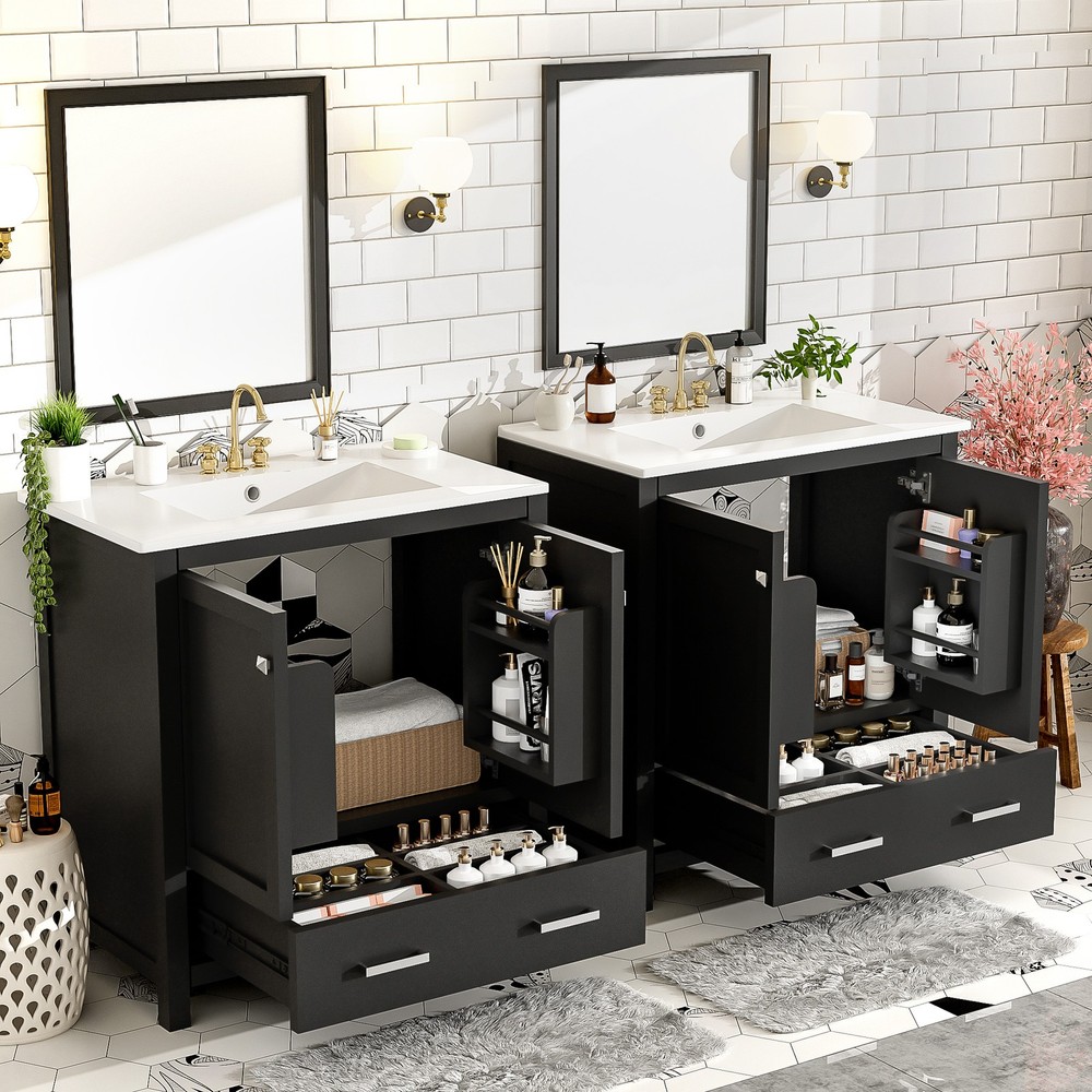 60" Black Bathroom Vanity Set with Double Vanities , Double Ceramic Sinks, Sto