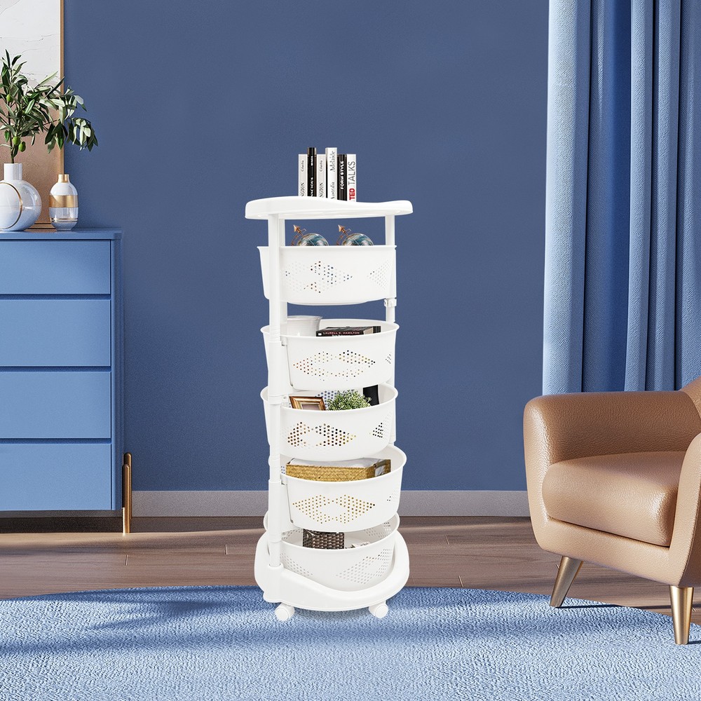 5-Tier Rotating Storage Shelf Kitchen Fruit Storage Basket Rack w/ Wheel
