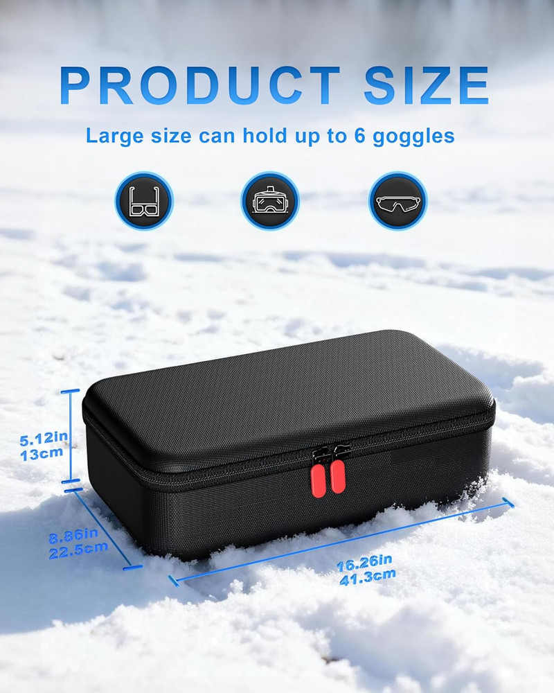 Ski Goggles Hard Travel Case with Multi-Compartment and Handle - Black