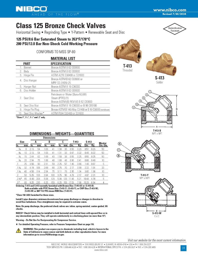 1" BRONZE CL 125 Y-PATTERN THREADED BRONZE DISC CHECK VALVE NL7300A / T-413-B