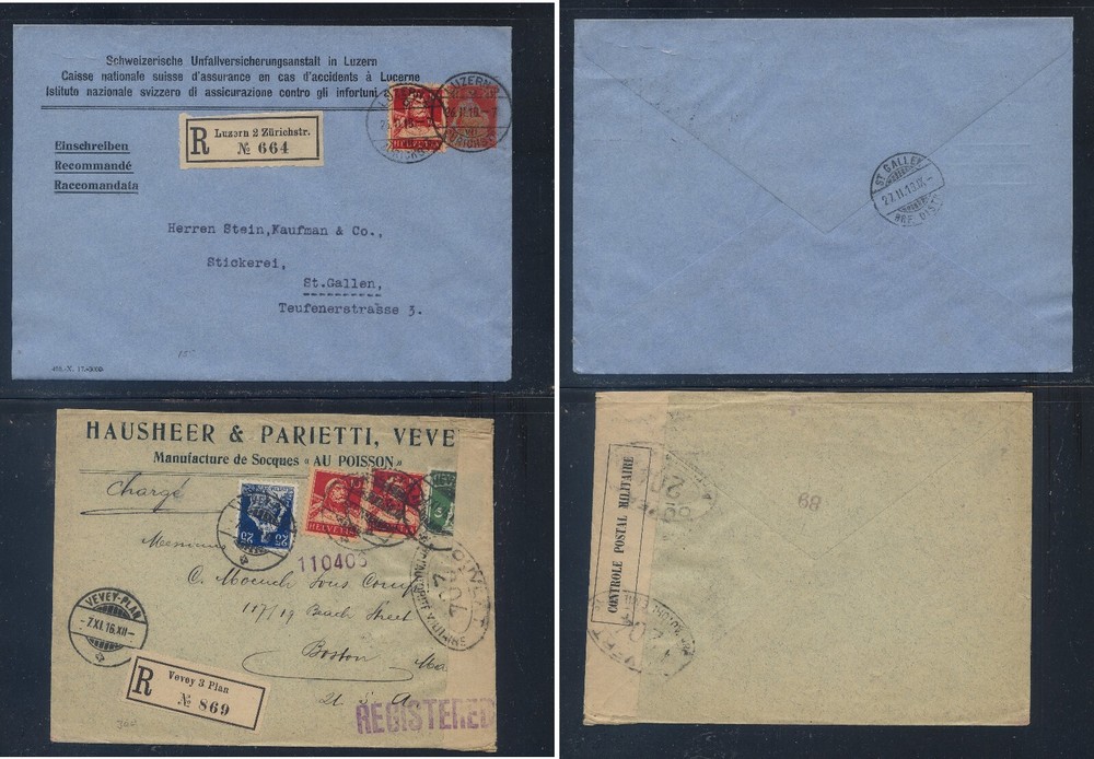 Switzerland  2  registered  covers, one WW1  censor