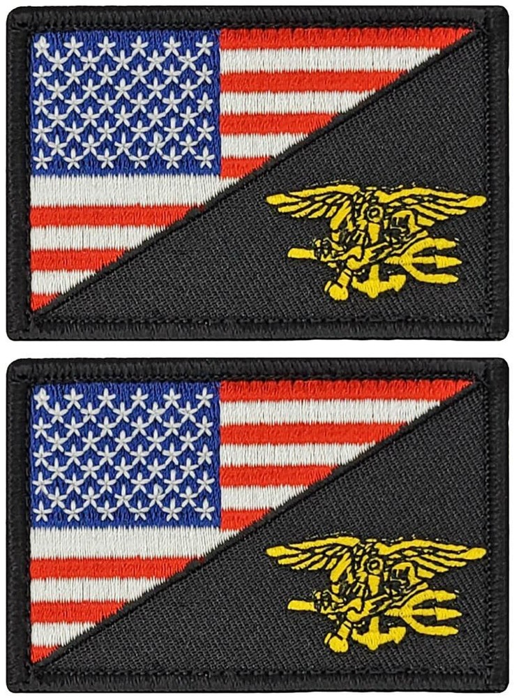 USA Flag Navy Seal Trident Embroidered Morale Patch |2PC  HOOK BACKING 3"x2"