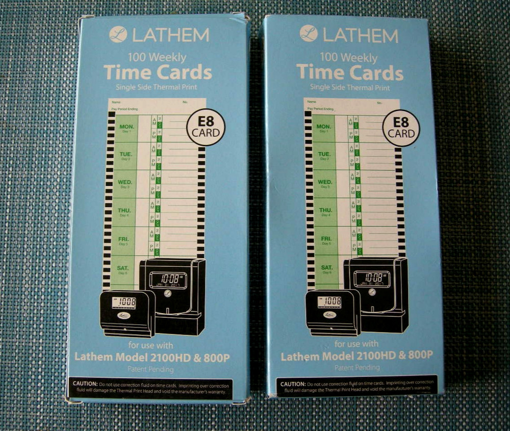 (2) Lathem E8 Time Cards E8-100 Weekly Model 2100HD & 800P - 100 Count One Sided