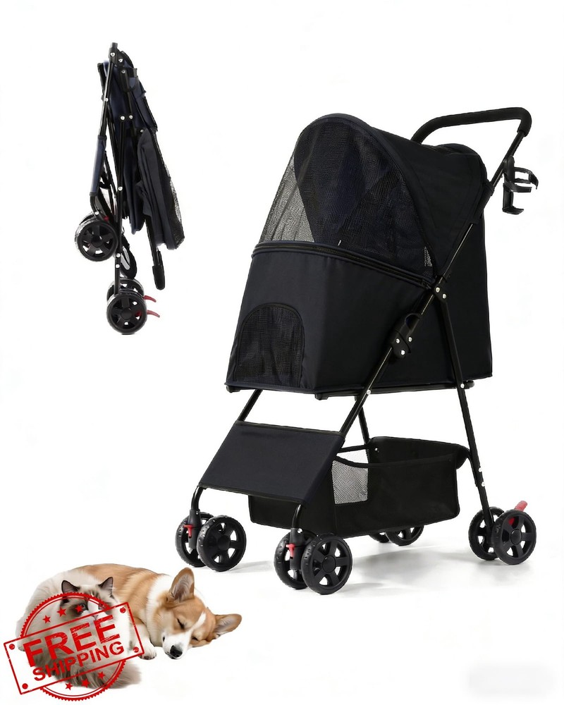 Pet Stroller Small Medium Dog Cat Foldable 33lbs Black