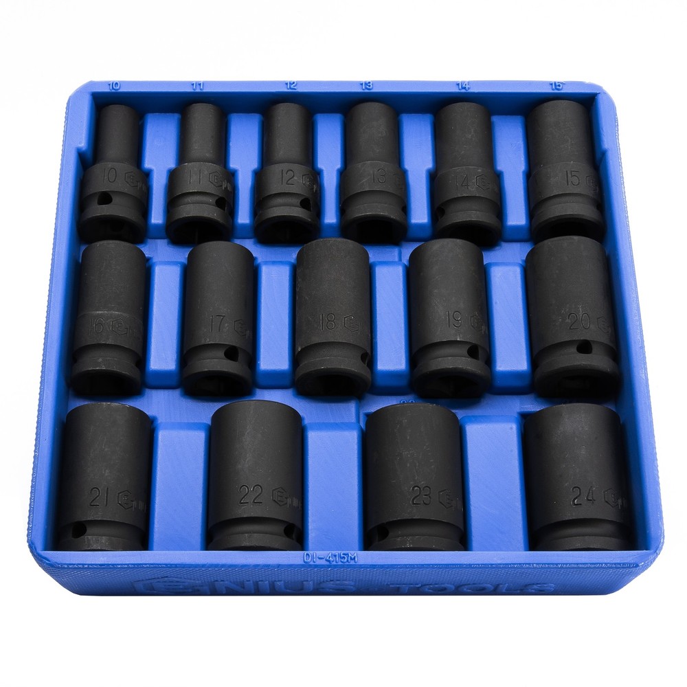 Genius Tools 15 Piece 1/2" Dr. Metric Semi-Deep Thin Wall Impact Socket Set (...