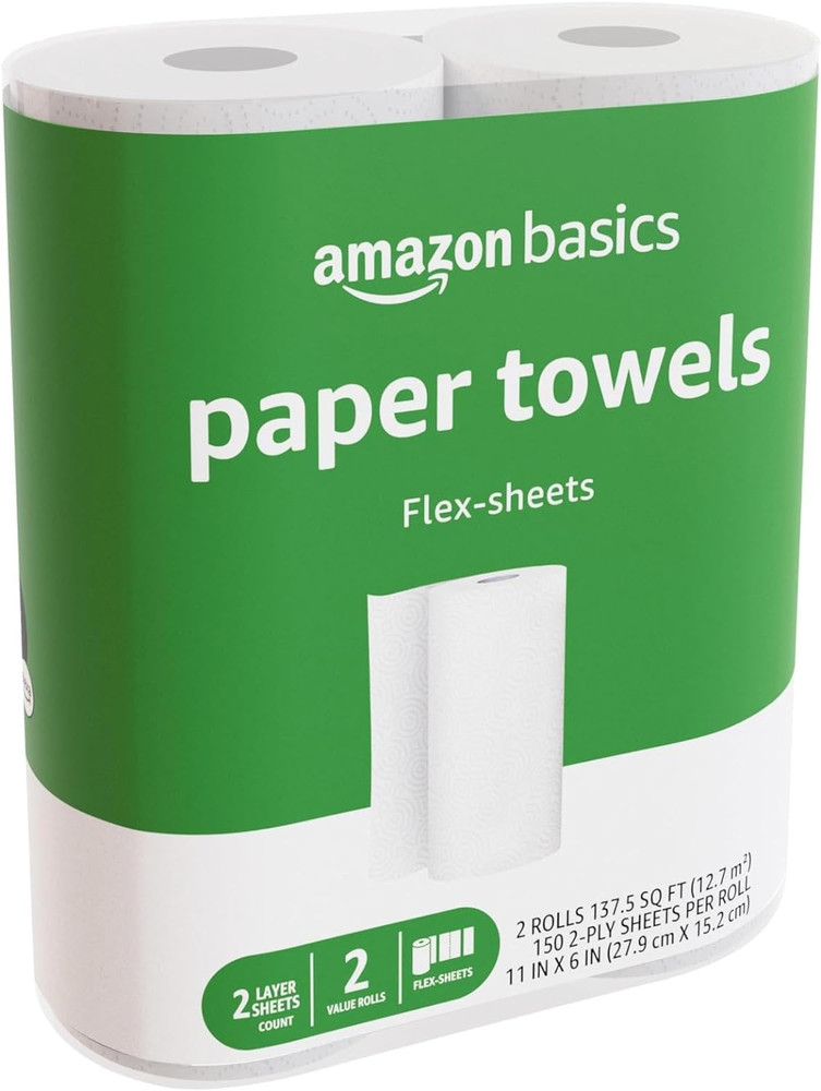 Amazon Basics 2-Ply Flex-Sheets Paper Towels, 2 Basics Rolls = 5 Regular Rolls,
