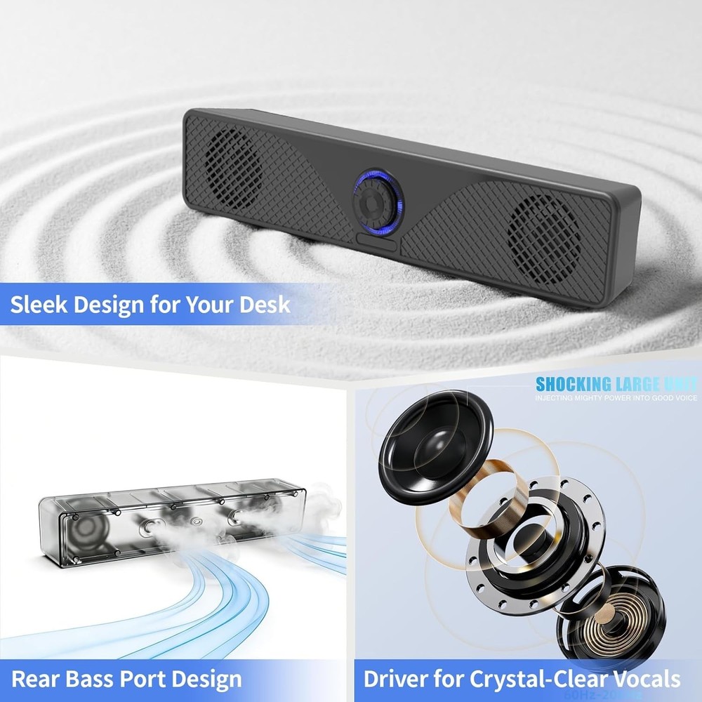 Computer Soundbar, USB Powered Wired PC Speakers with 3.5mm AUX, Basic & Clear S