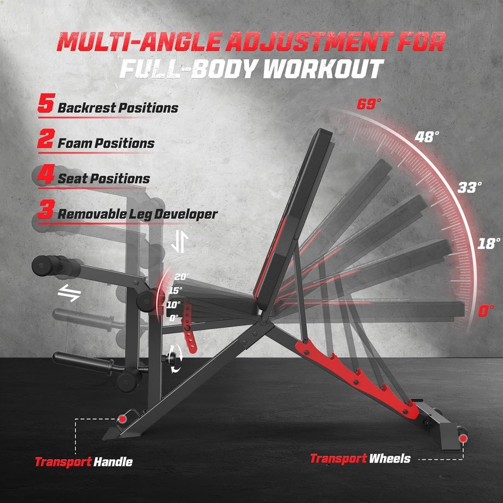 Folding Weight Bench Adjustable with Wheels & Handle Workout Bench for Home Gym