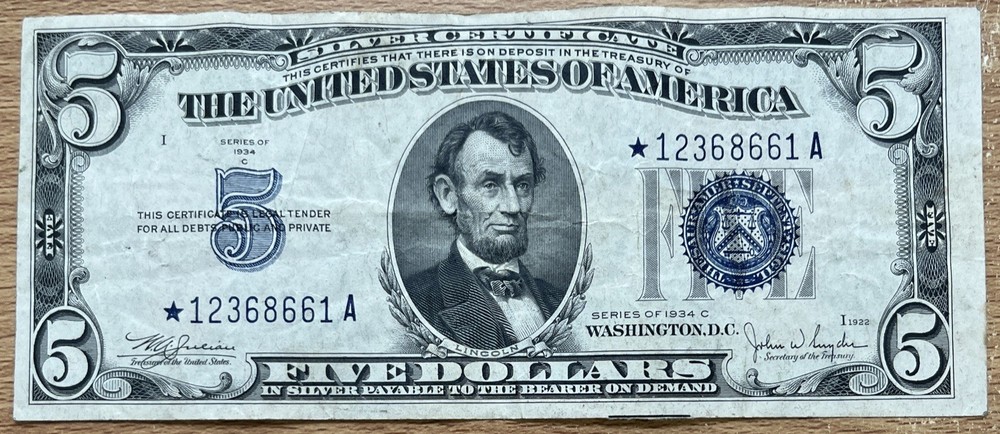 1934-C $5 Silver Certificate Star Note VF/VF+