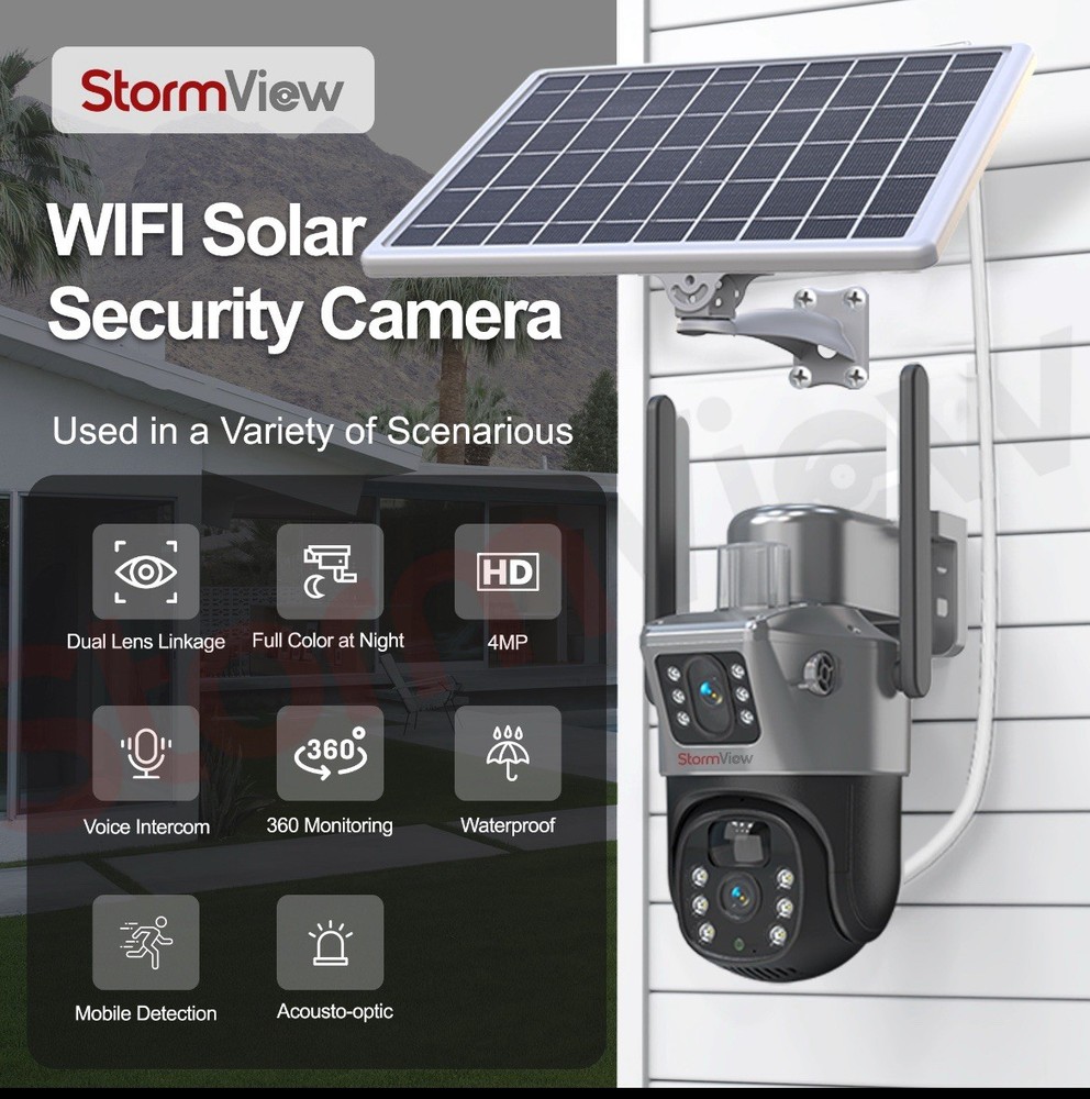 A solar-powered, dual-lens WiFi security camera with 360° PTZ coverage
