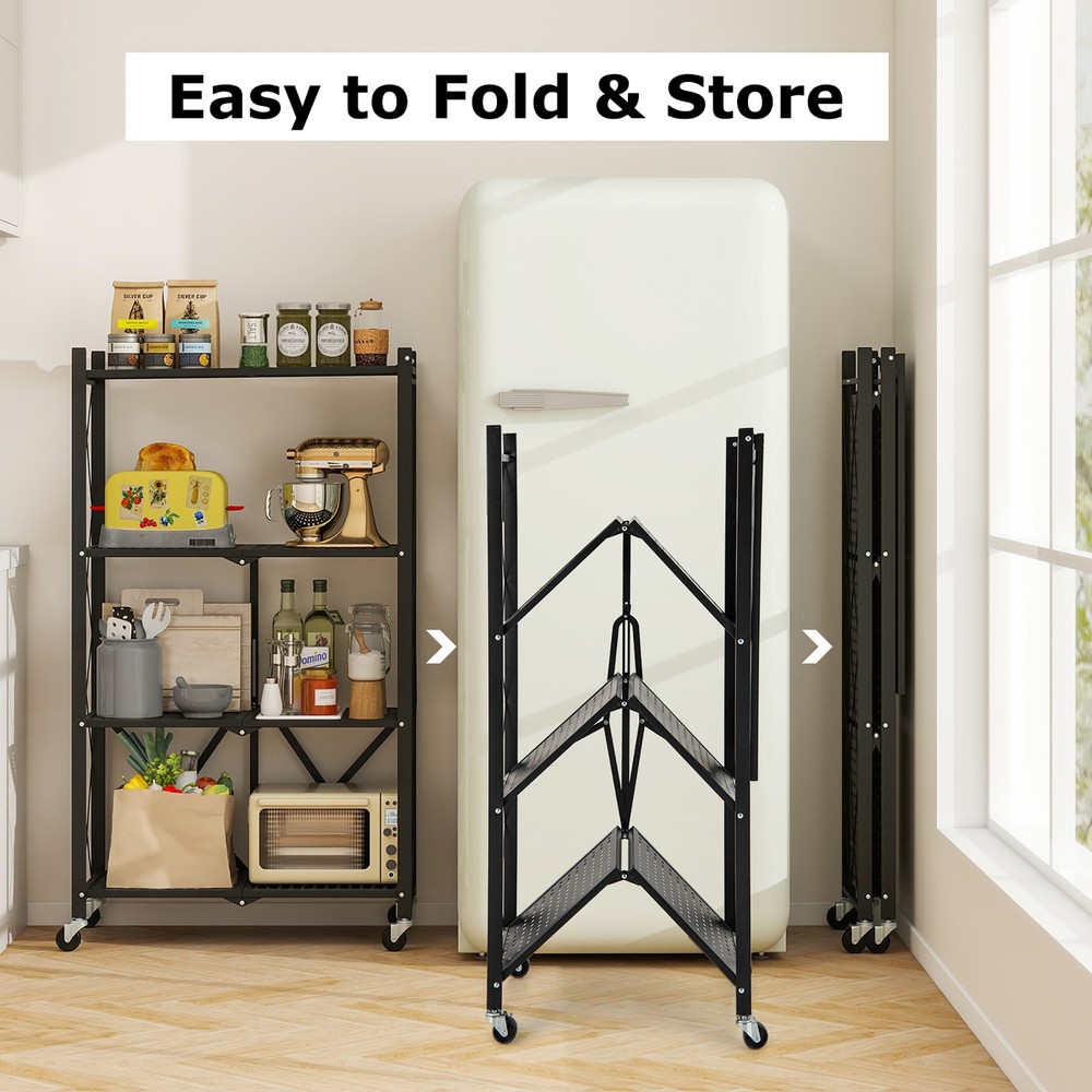 4-tier Foldable Storage Shelving Unit w/4 Universal Wheels for Kitchen Study