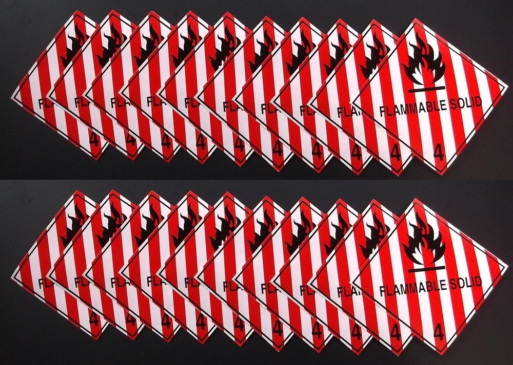 20 (Twenty Labels) FLAMMABLE SOLID Red/White 4" x 4" Adhesive Paper Sticker NEW