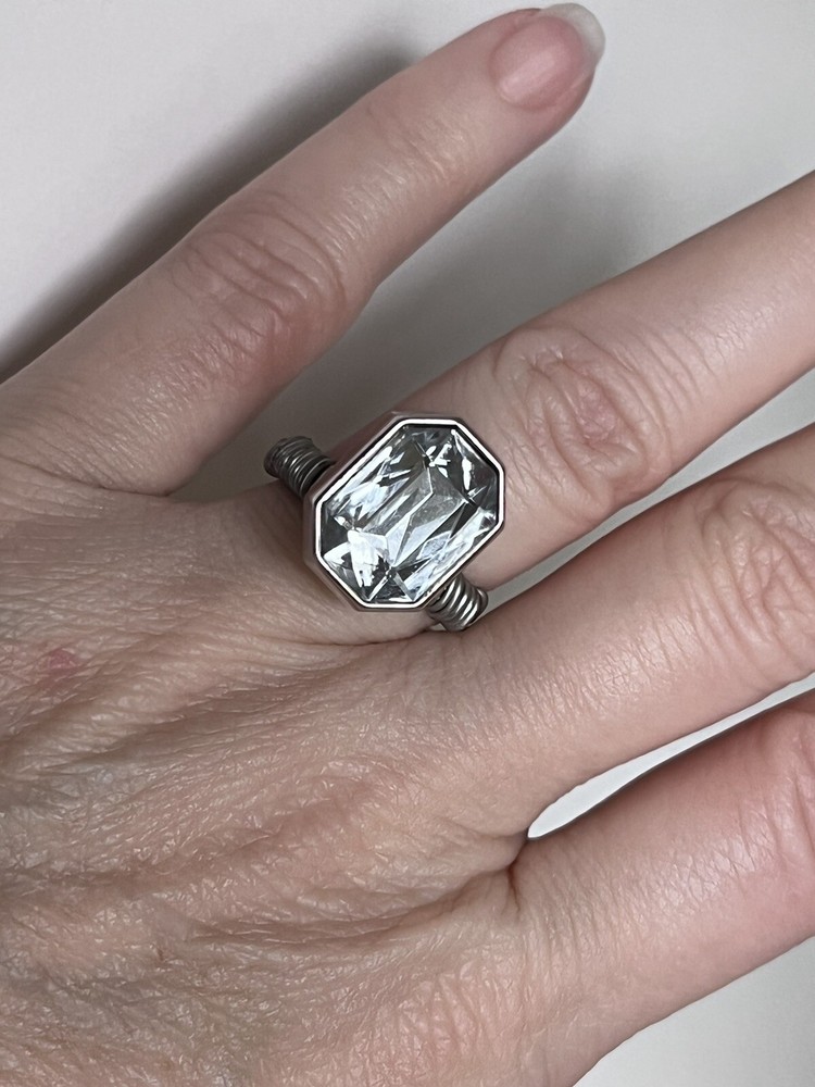 Silver and Crystal Sparkly Wire Wrapped Button Ring Size 6