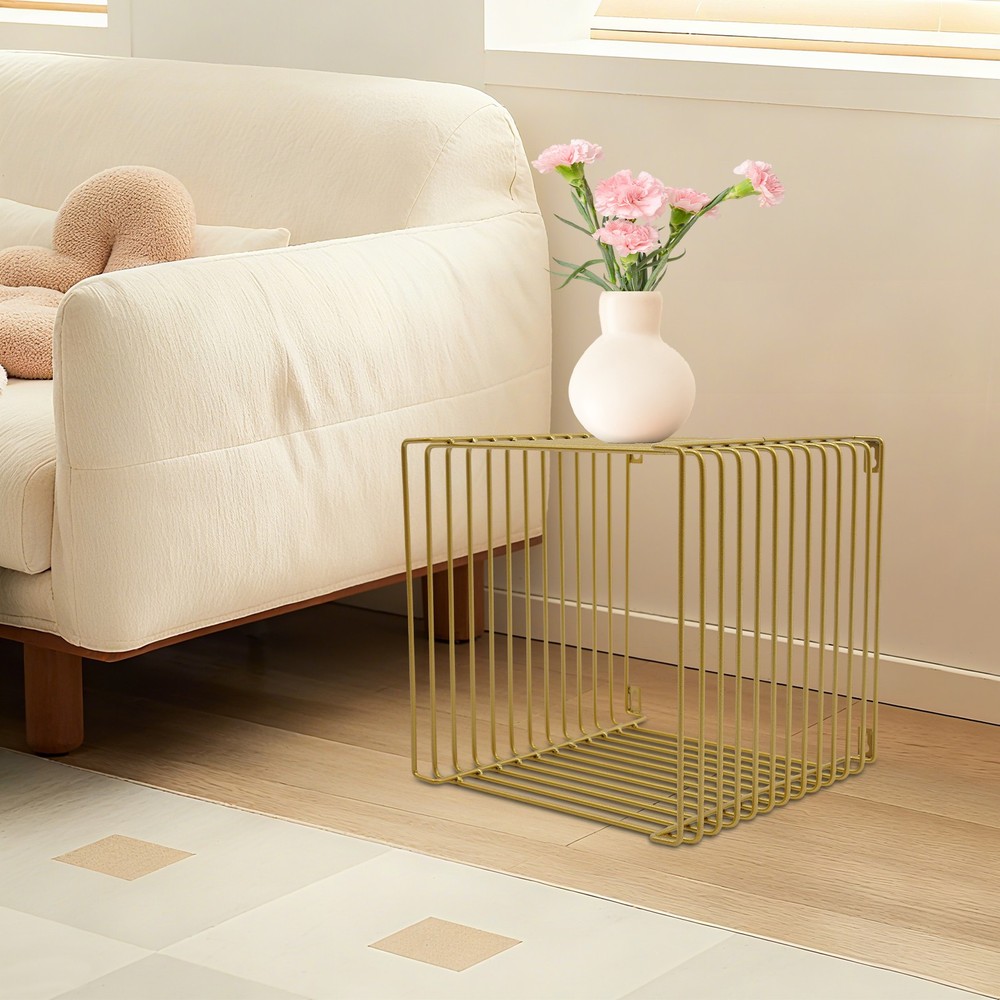 Vintage Golden Side Table, Square Geometry Side Table, Linear Metal End Table