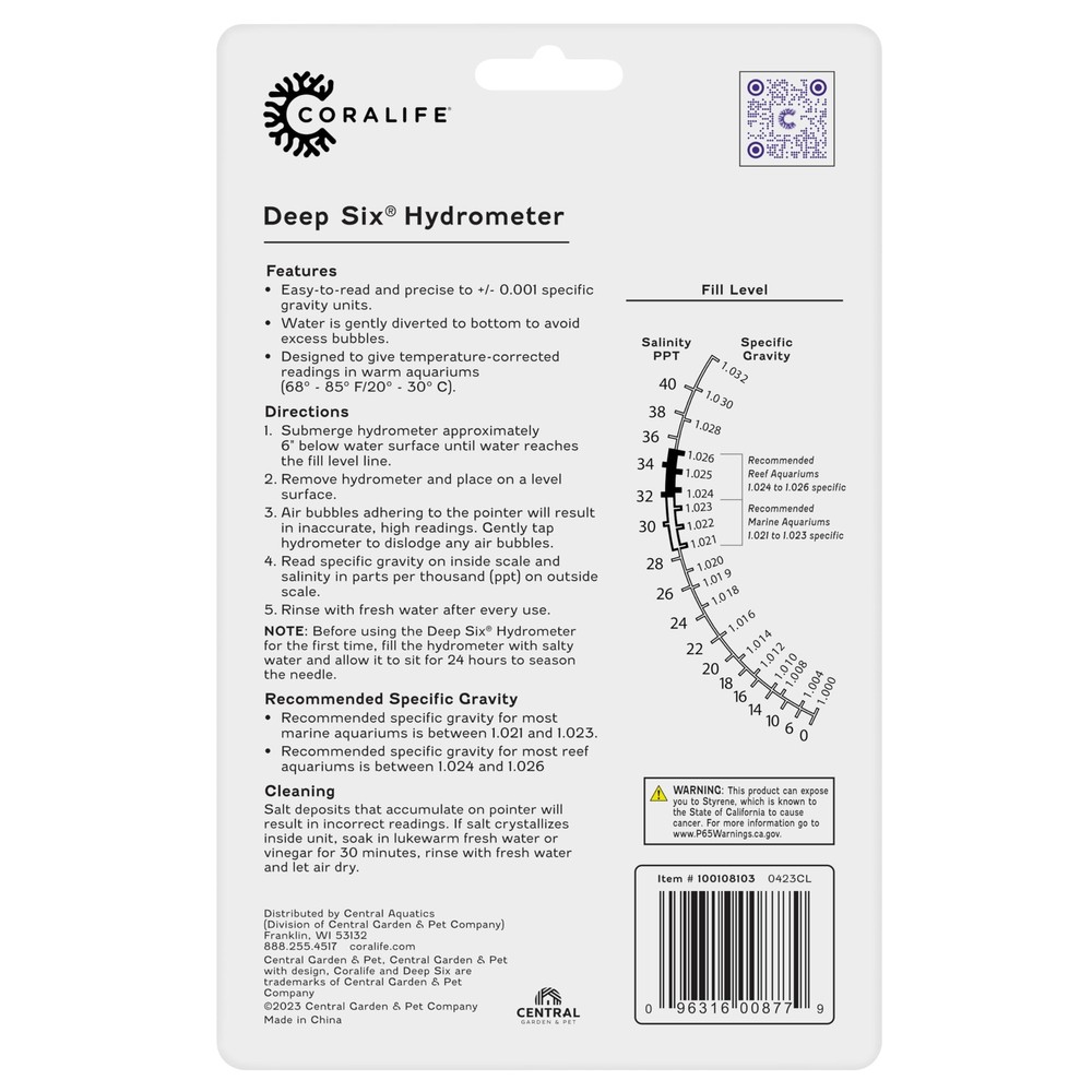 Coralife 11 Inch Clear Electromechanical Hydrometer Specific Gravity Meter