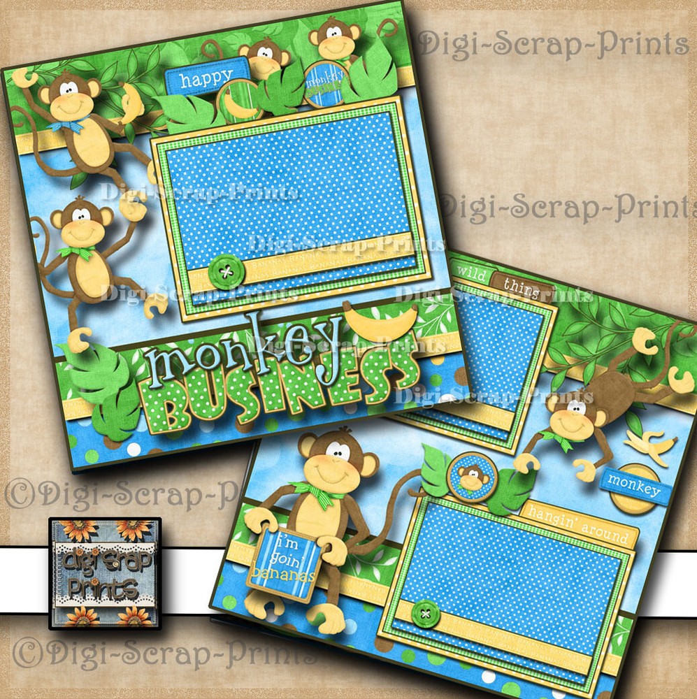 MONKEY BUSINESS  2 premade scrapbook pages paper piecing printed DIGISCRAP A0073