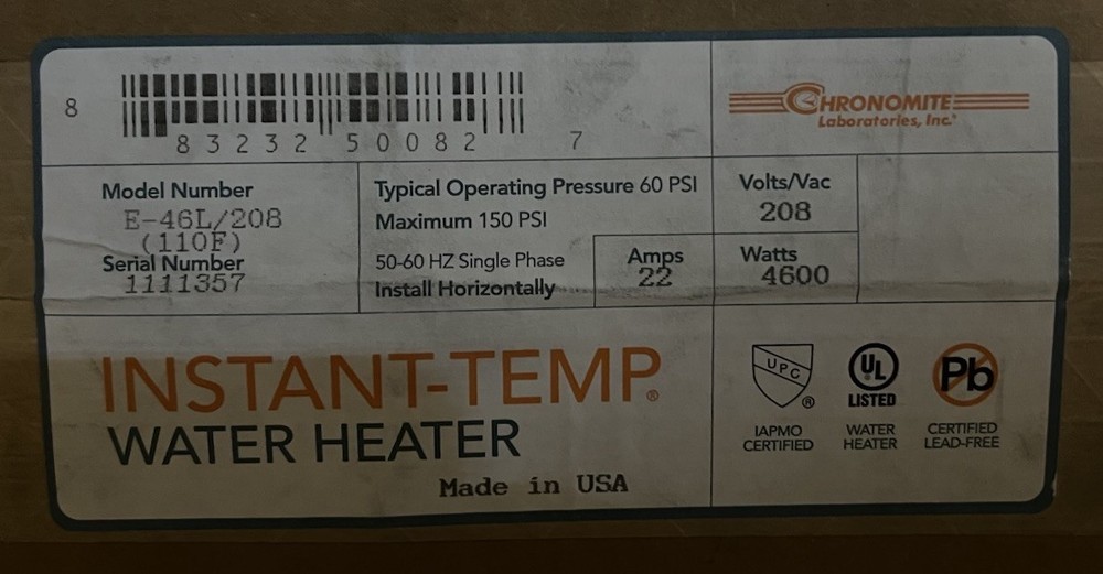Chronomite E-46L/208 Instant-Temp Electric Tankless Water Heater