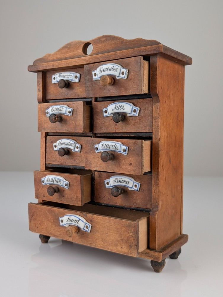 Spanish Rustic Wooden Spice Tree with Ceramic Labels, 1930s
