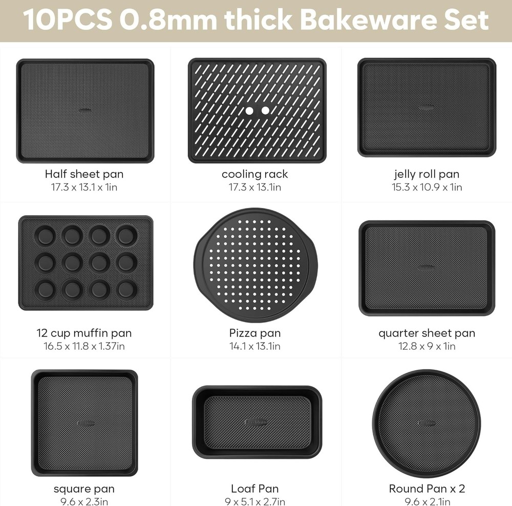 10-Piece Nonstick Baking Pan Set 0.8MM Thick Stackable Bakeware Sets