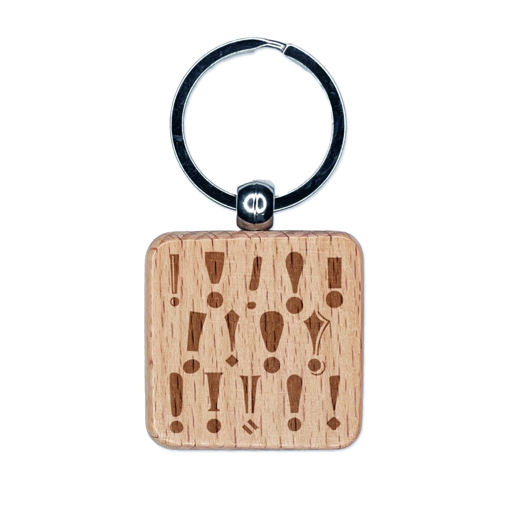 Exclamation Points Congratulations Engraved Wood Square Keychain Tag Charm