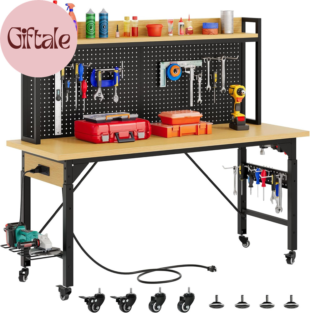 60" Adjustable Workbench with Pegboard, Heavy Duty Wood Top Work Bench with Whee