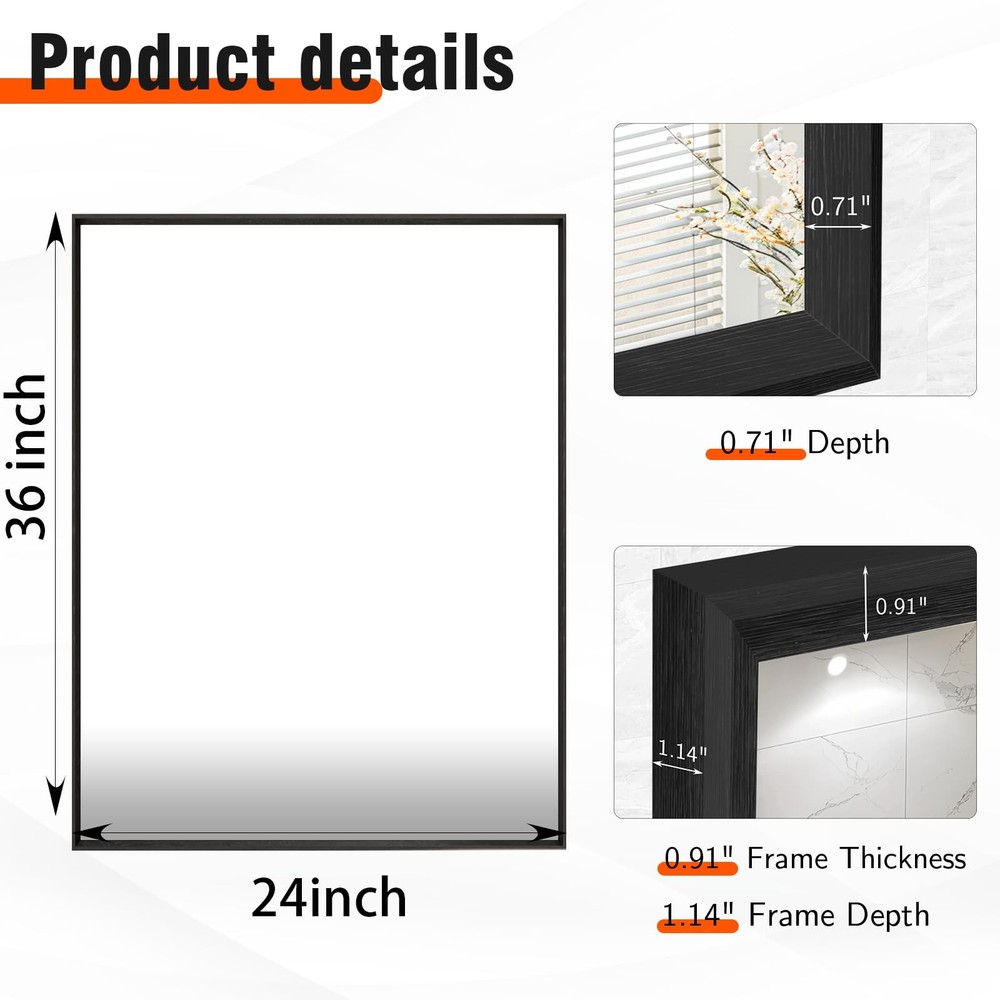 Bathroom Mirror, 24X36 Inch Matte Black Framed Mirror, Rectangular Wall Mirro...