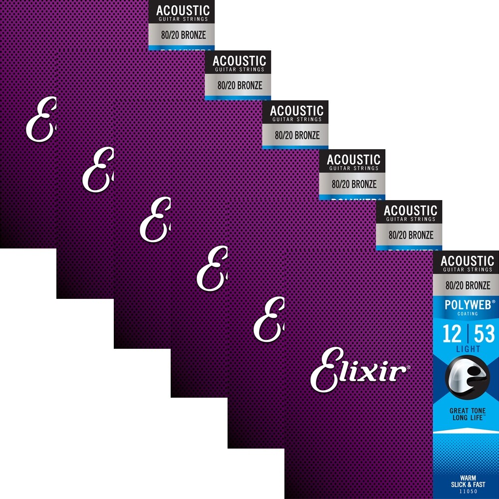 Elixir 11050 Polyweb 80/20 Bronze Light Acoustic Guitar Strings 12-53 (6-Pack)