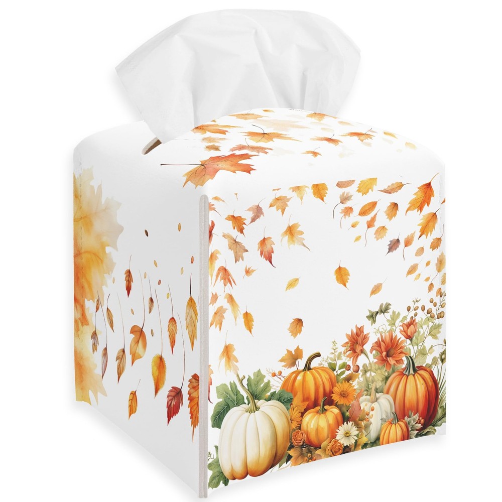 Fall Tissue Box Cover Square - Pumpkin & Fallen Leaves