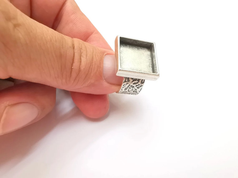 Square Antique Silver Ring Blank Setting, Cabochon Mounting, Adjustable Resin