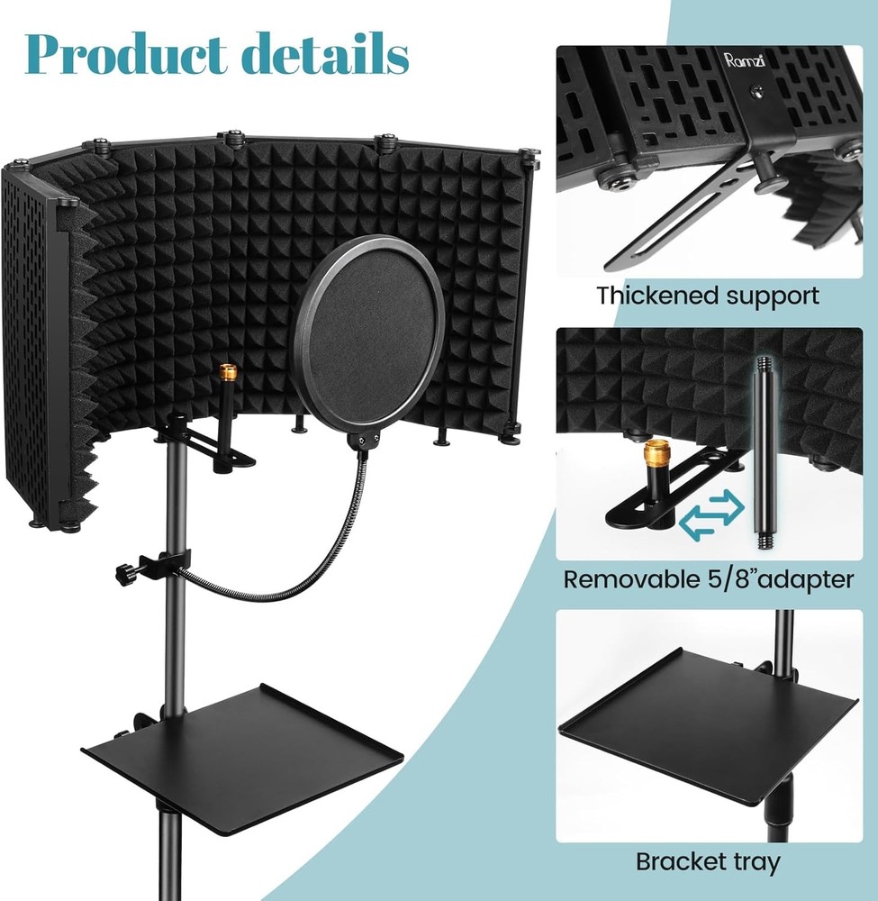 Microphone Stand with Isolation Shield and Pop Filter for Recording