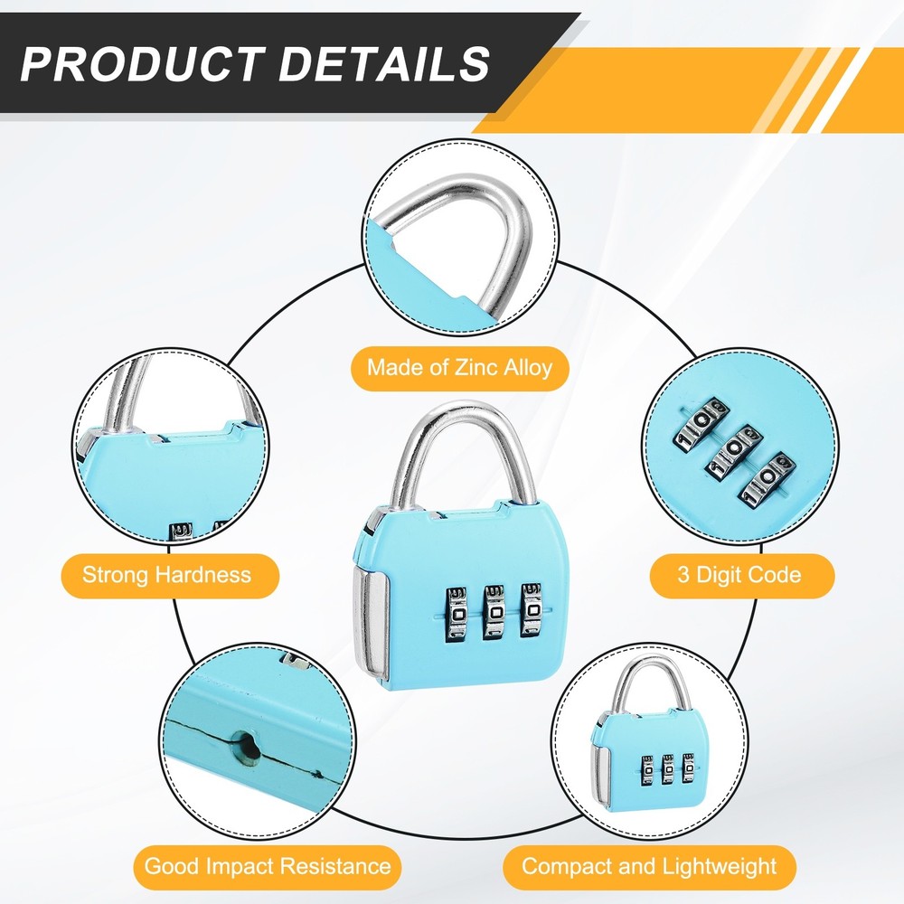 2Pcs Resettable 3 Digit Combination Lock Code Padlock, Sky Blue (47 x 36mm)