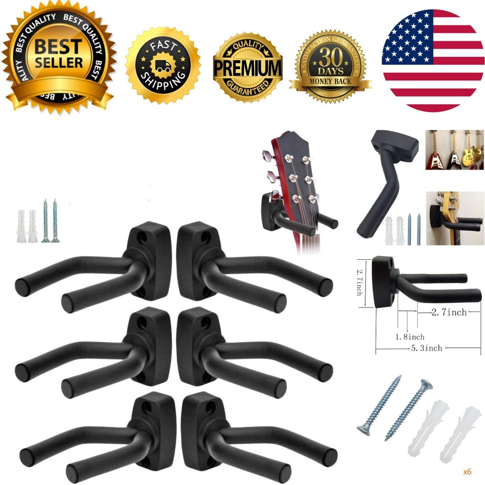 6 Guitar Hangers - Wall-Mounted Hook Set for All String Instruments
