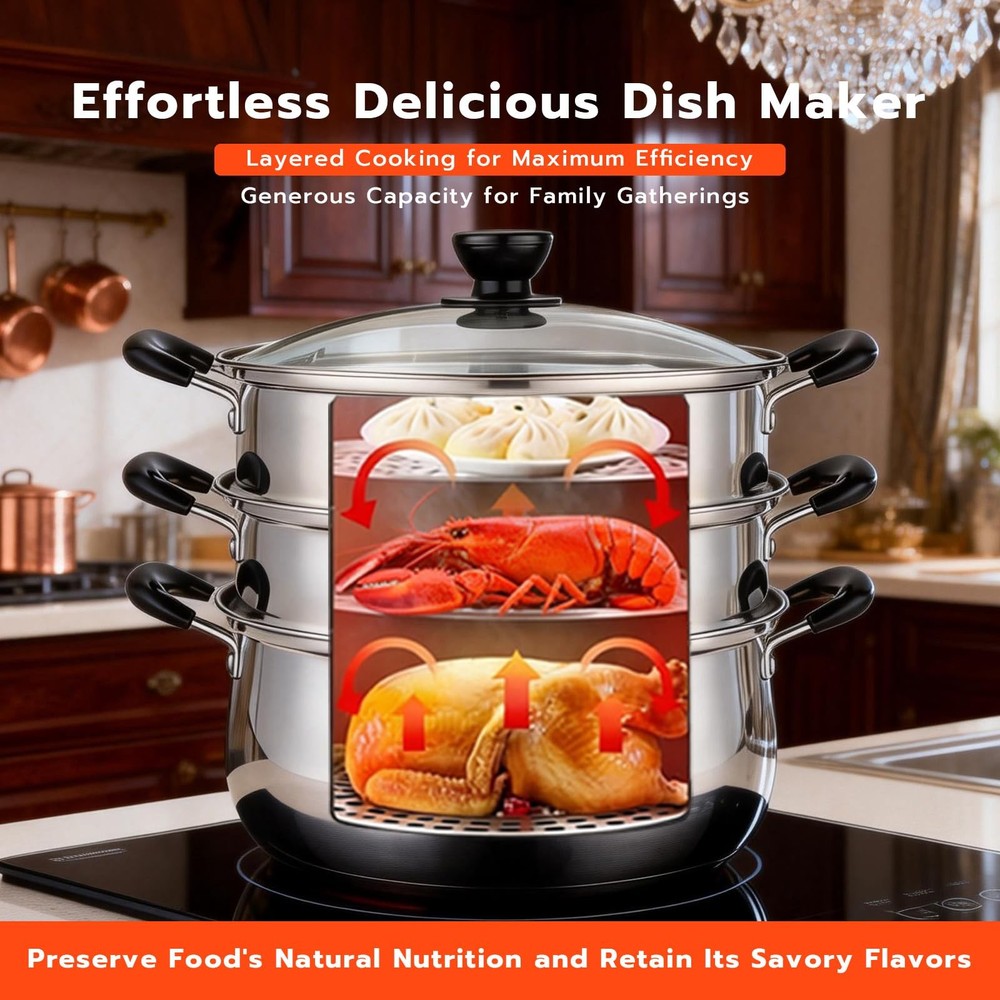 3 Tier Stainless Steel Steamer Pot For Cooking With Stackable Pan Insert, Foo...