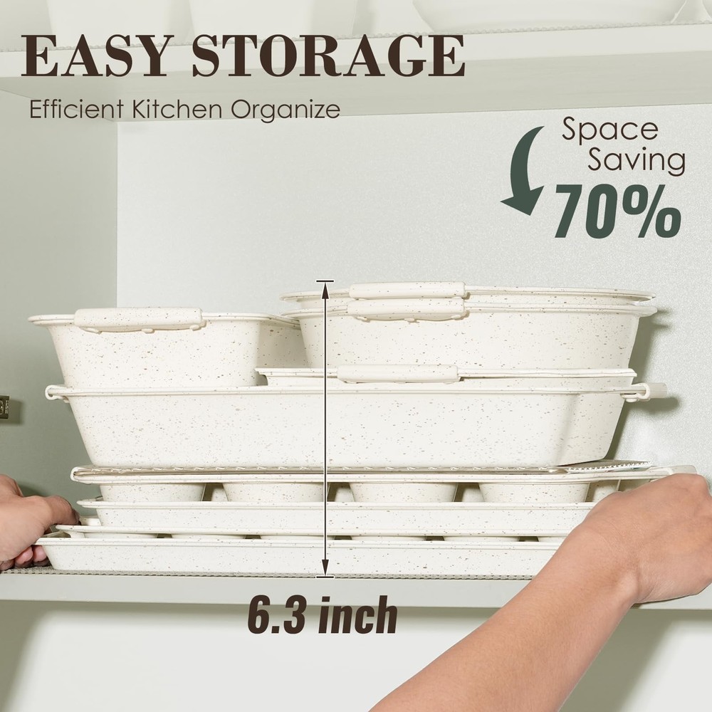 Baking Pans Set Nonstick, Stackable Bakeware Sets with Silicone 22PCS, Cream