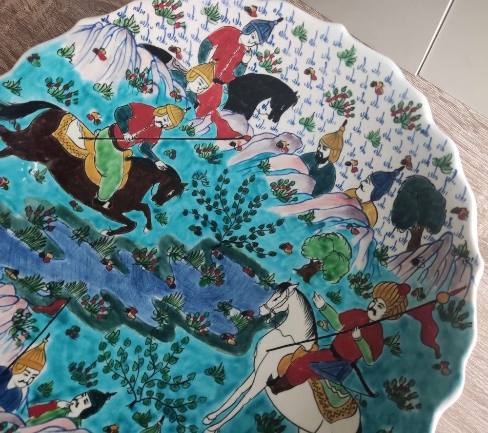 Large vintage painted ceramic plate. Turkey. Signed.