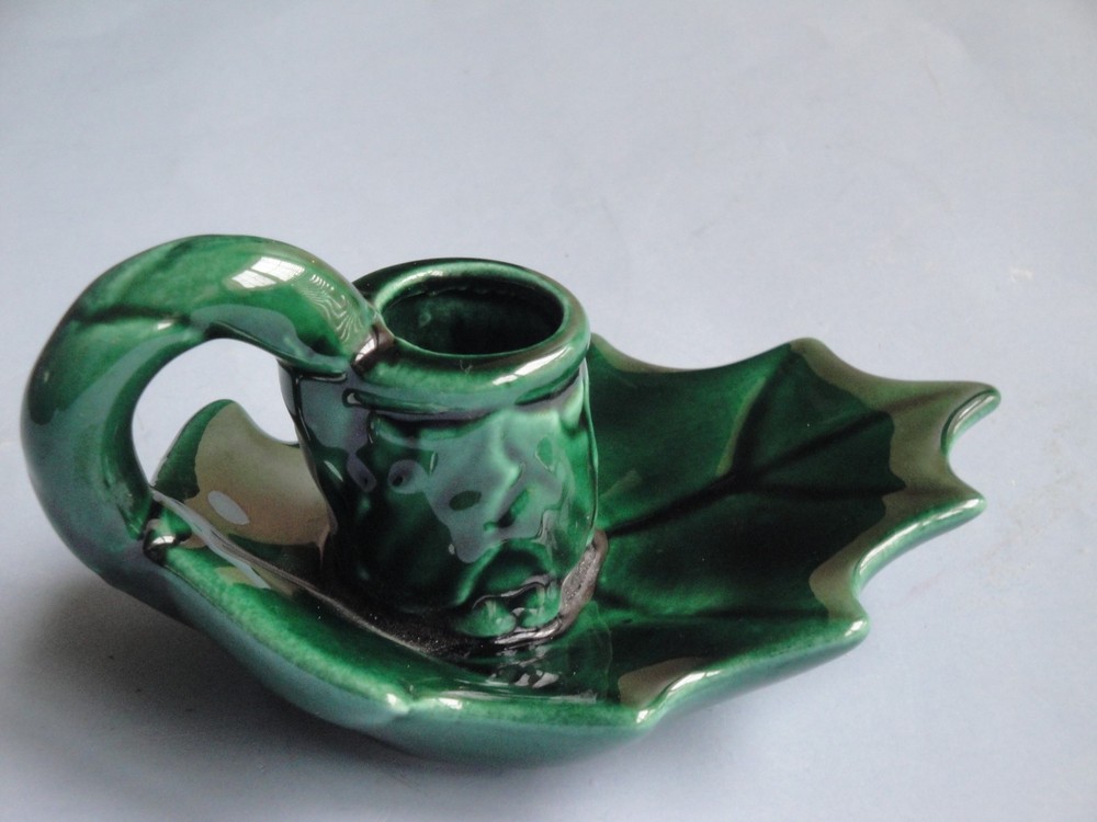 Ceramic Candlestick Holder Circa 1990's Leaf Shape Green Color