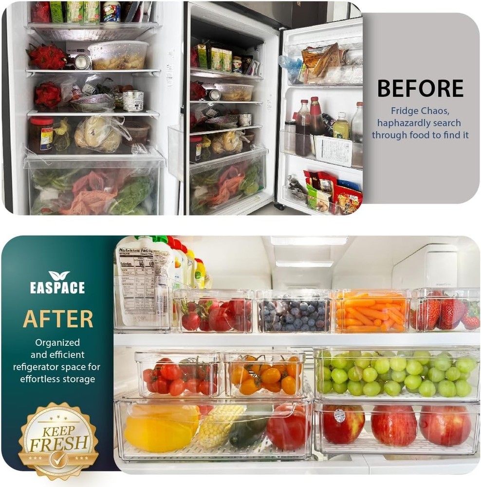 10-Pack Clear Fridge Organizer Bins W/ Lids & Drainage Holes Stackable Container