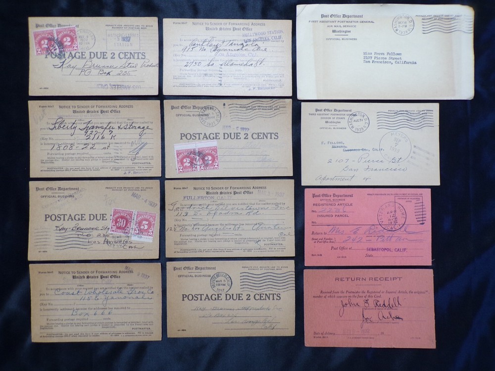 12 POST OFFICE 1932-39 OLD OFFICIAL BUSINESS CARDS POSTAGE DUE + REGISTERED MAIL